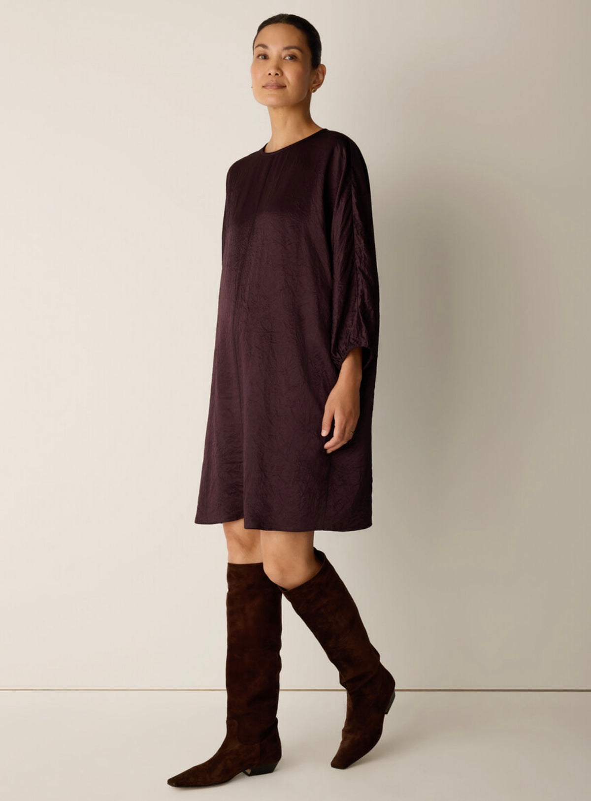 Eileen Fisher - Textured Satin Round Neck Dolman-Sleeve Dress