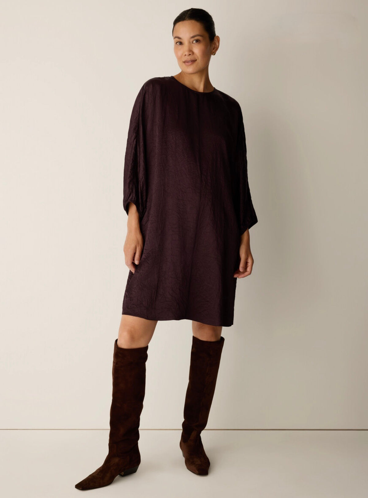 Eileen Fisher - Textured Satin Round Neck Dolman-Sleeve Dress