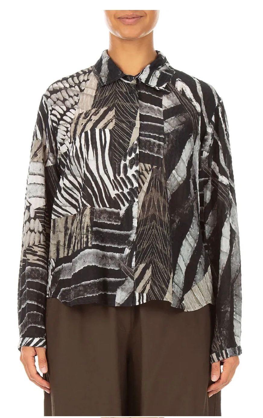 Grizas - Rounded Hem Wild Ink Textured Silk Shirt