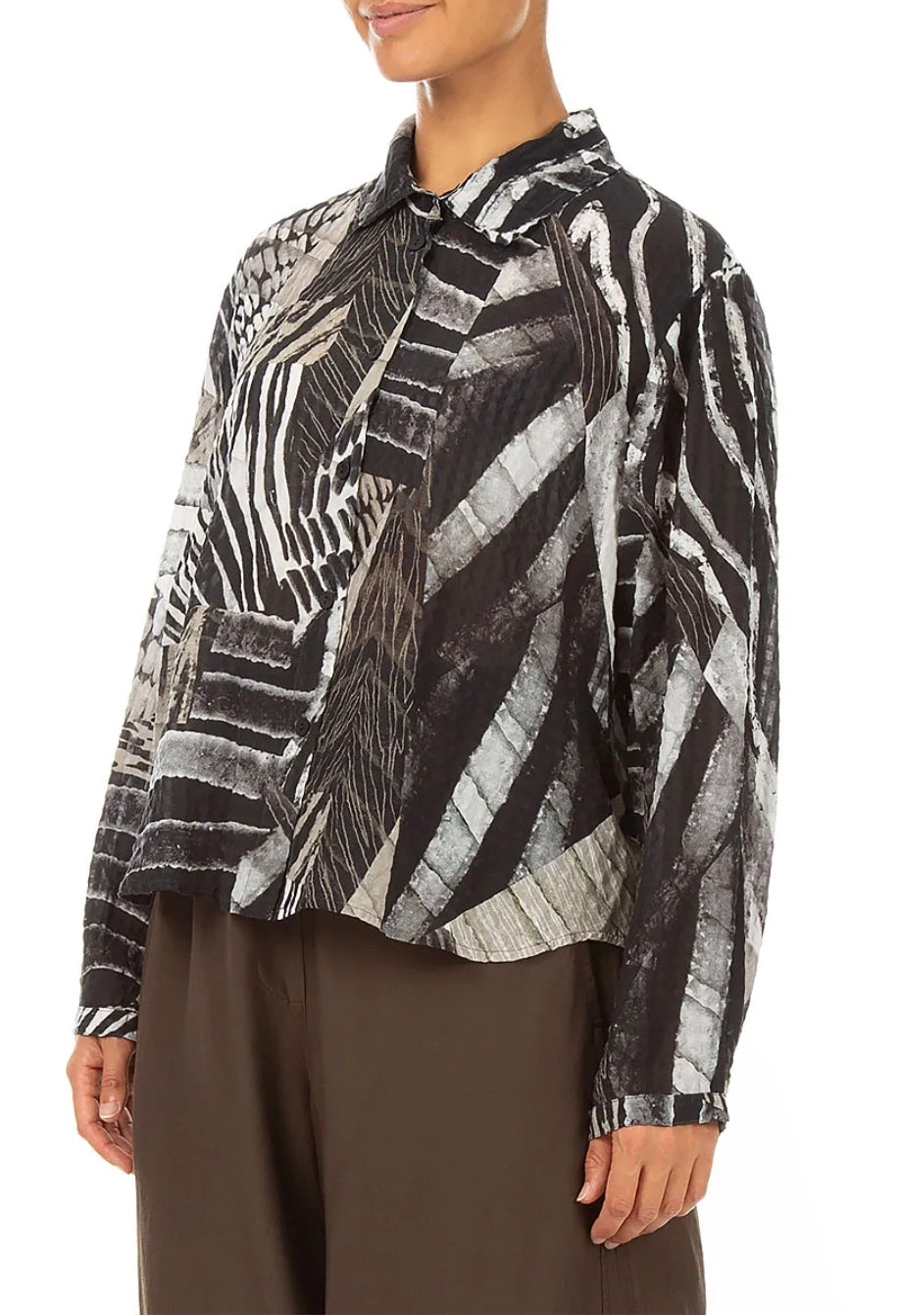 Grizas - Rounded Hem Wild Ink Textured Silk Shirt